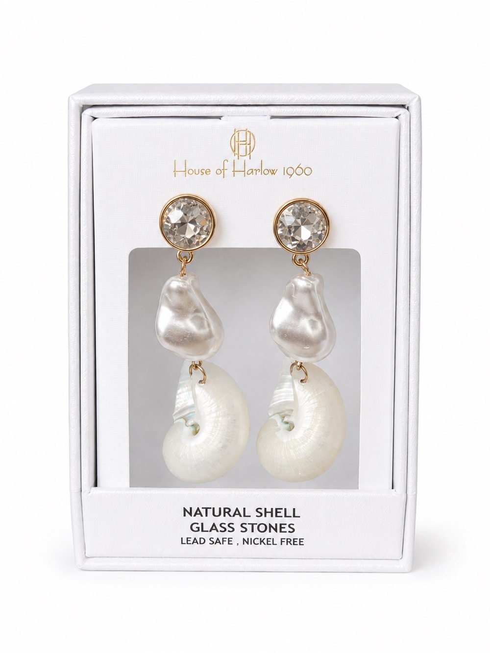 House of Harlow 1960 Gold & White Shell Drop Earrings with Crystal Studs